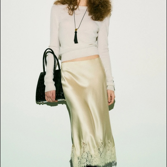 Reformation Dresses & Skirts - Reformation Satin Lace-Trim Maxi Skirt in Champagne